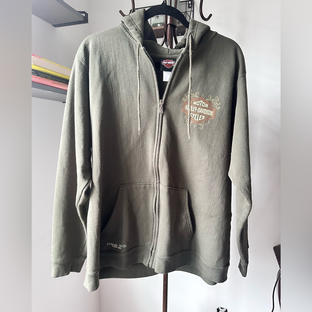 HARLEY DAVIDSON GREEN ZIP UP FLEECED HOODIE UNISEX 2X - Picture 2 of 14